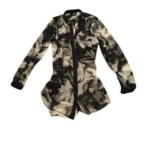 Sheer Abstract Print Blouse Oversized Button-Up Top Watercolor Floral Grunge Med